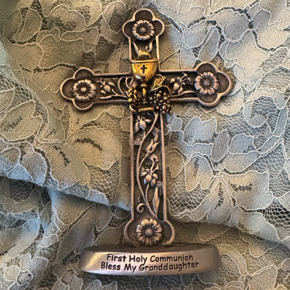 CAMCO Decorative Silver Cross with Floral Design-FIRST HOLY COMMUNION
